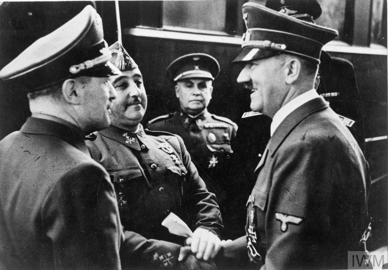 Adolf Hitler greets Francisco Franco in Hendaye near the Spanish border. The meeting could not take place in Spain as the Spanish railways did not have the same size as the French ones at the time, both trains had to stop at each country's border Adolf Hitler greets Francisco Franco in Hendaye near the Spanish border. The meeting could not take place in Spain as the Spanish railways did not have the same size as the French ones at the time, both trains had to stop at each country's border